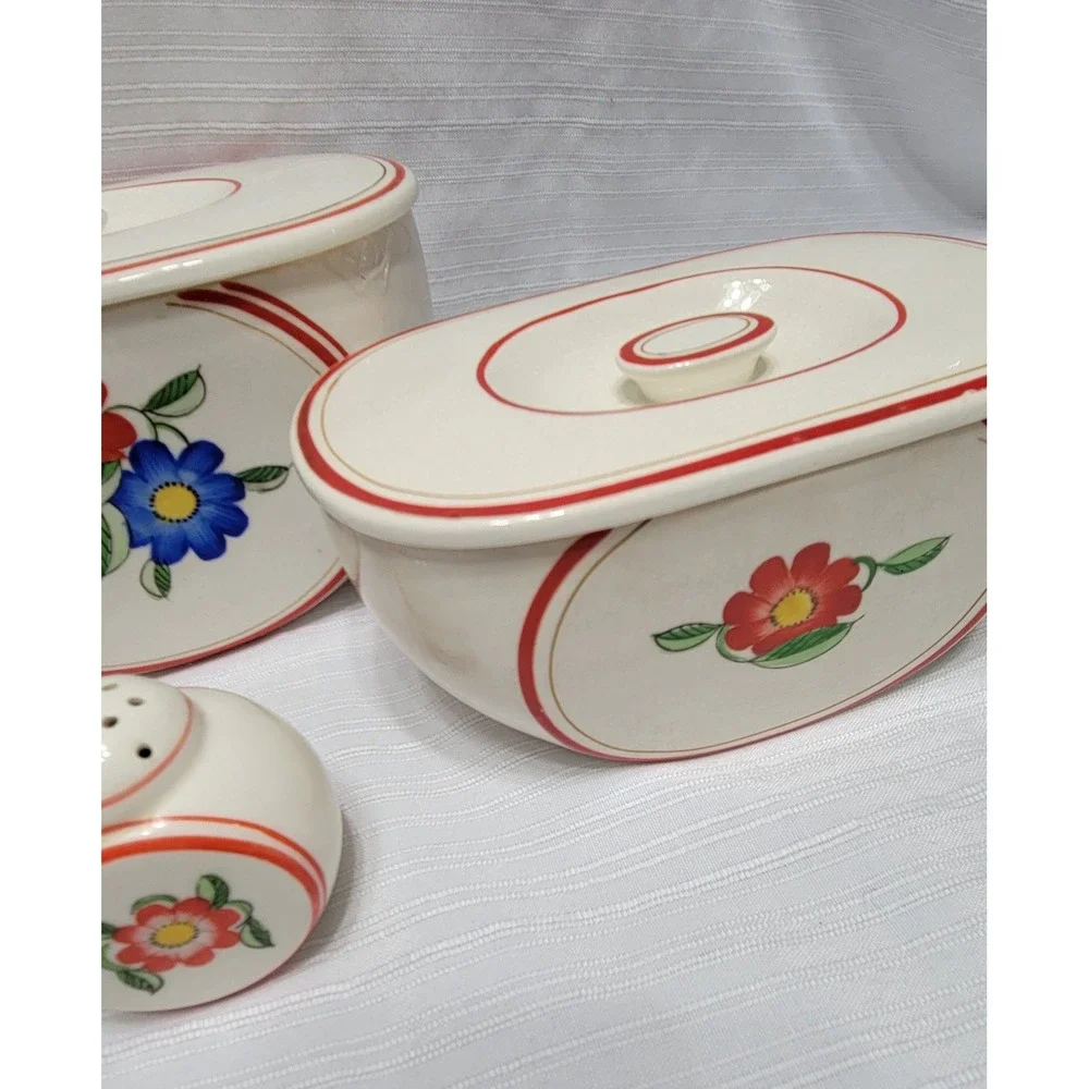 Vintage Floral Ceramic Nesting Canister Set 7pc Cream Red Blue Yellow Shaker